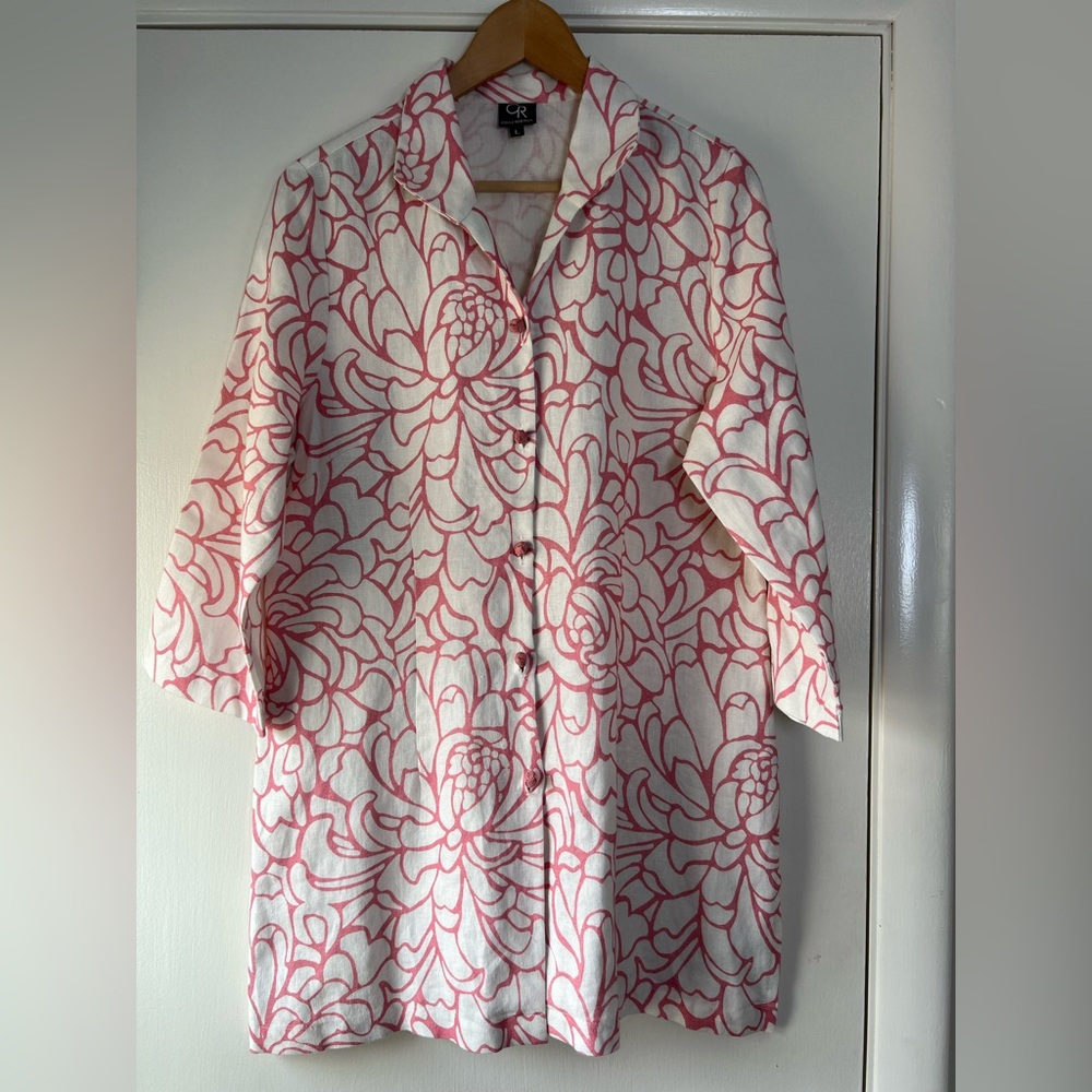 Connie Roberson Rita Linen Tunic Length Jacket Blazer Pink White Floral Large